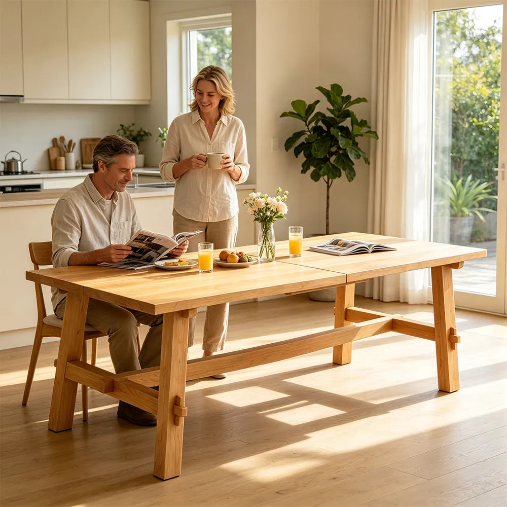 LIVARA 140/160cm Solid New Zealand Pine Wood Dining Table, Modern Rectangular Kitchen Table with 5cm Thick Top and Reinforced Wooden Legs - Natural