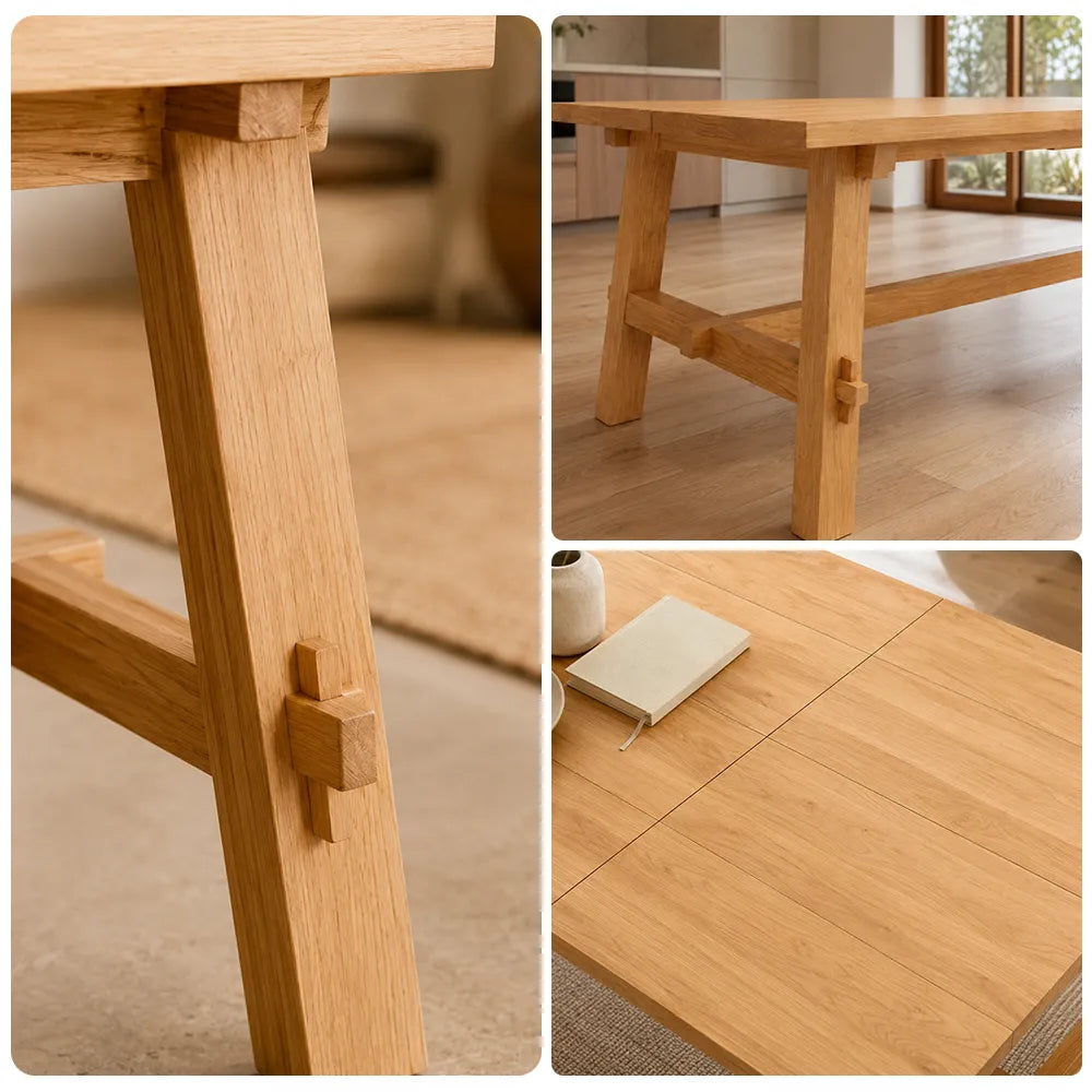 LIVARA 140/160cm Solid New Zealand Pine Wood Dining Table, Modern Rectangular Kitchen Table with 5cm Thick Top and Reinforced Wooden Legs - Natural