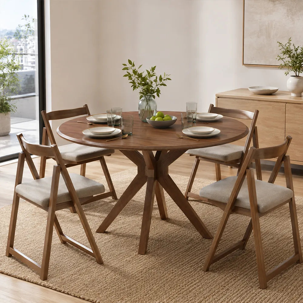 LIVARA 120cm Folding Round Dining Table, Space-Saving Walnut Kitchen Table with Drop-Leaf Top and Cross-Shaped Wooden Pedestal Base - Walnut
