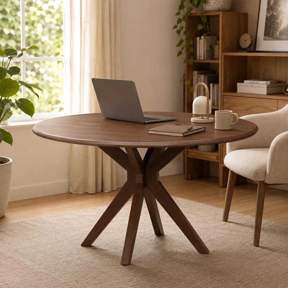 LIVARA 120cm Folding Round Dining Table, Space-Saving Walnut Kitchen Table with Drop-Leaf Top and Cross-Shaped Wooden Pedestal Base - Walnut