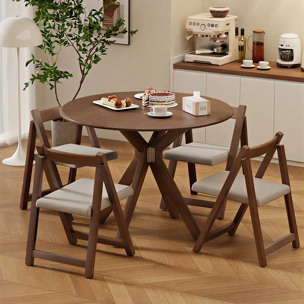 LIVARA 120cm Folding Round Dining Table, Space-Saving Walnut Kitchen Table with Drop-Leaf Top and Cross-Shaped Wooden Pedestal Base - Walnut
