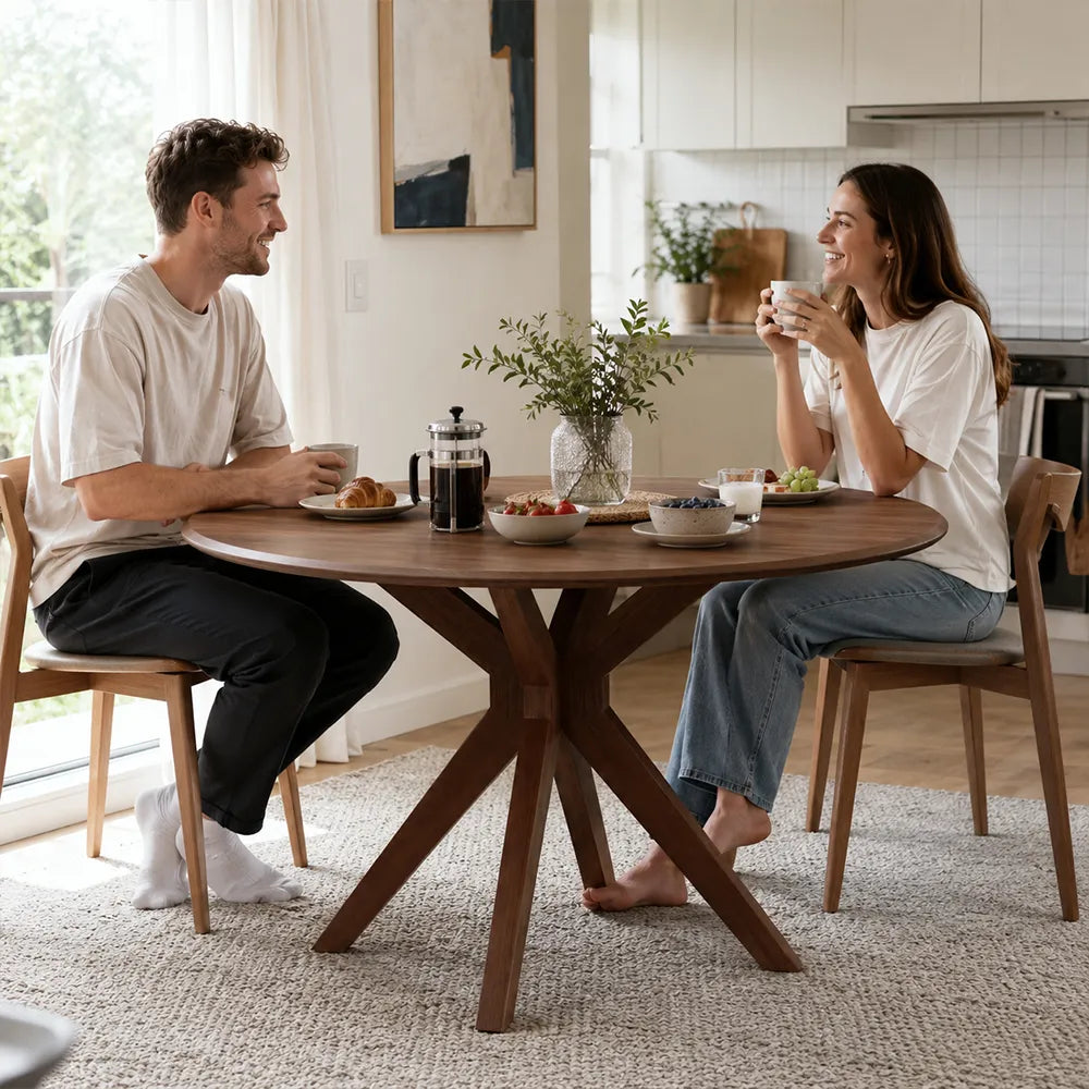 LIVARA 120cm Folding Round Dining Table, Space-Saving Walnut Kitchen Table with Drop-Leaf Top and Cross-Shaped Wooden Pedestal Base - Walnut