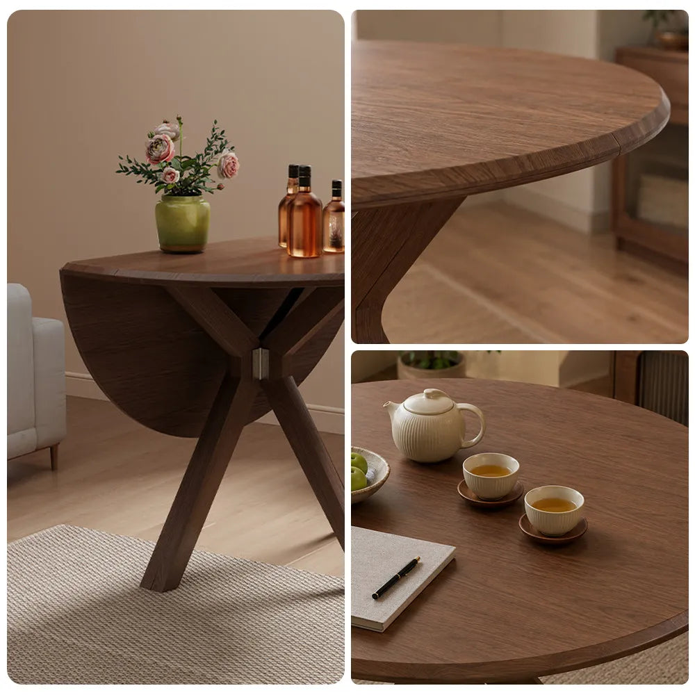 LIVARA 120cm Folding Round Dining Table, Space-Saving Walnut Kitchen Table with Drop-Leaf Top and Cross-Shaped Wooden Pedestal Base - Walnut