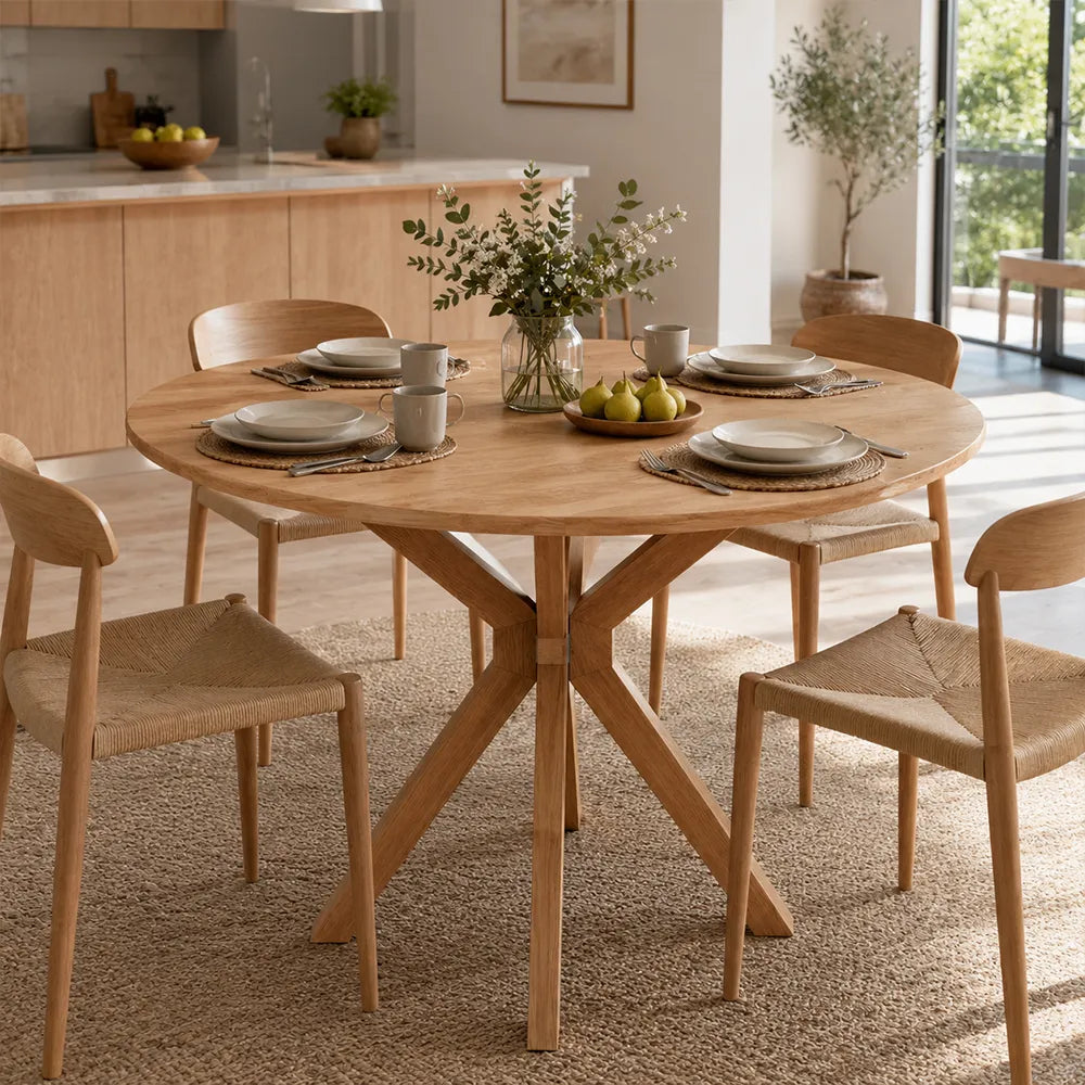 LIVARA 120cm Folding Round Dining Table, Space-Saving Walnut Kitchen Table with Drop-Leaf Top and Cross-Shaped Wooden Pedestal Base - Wood