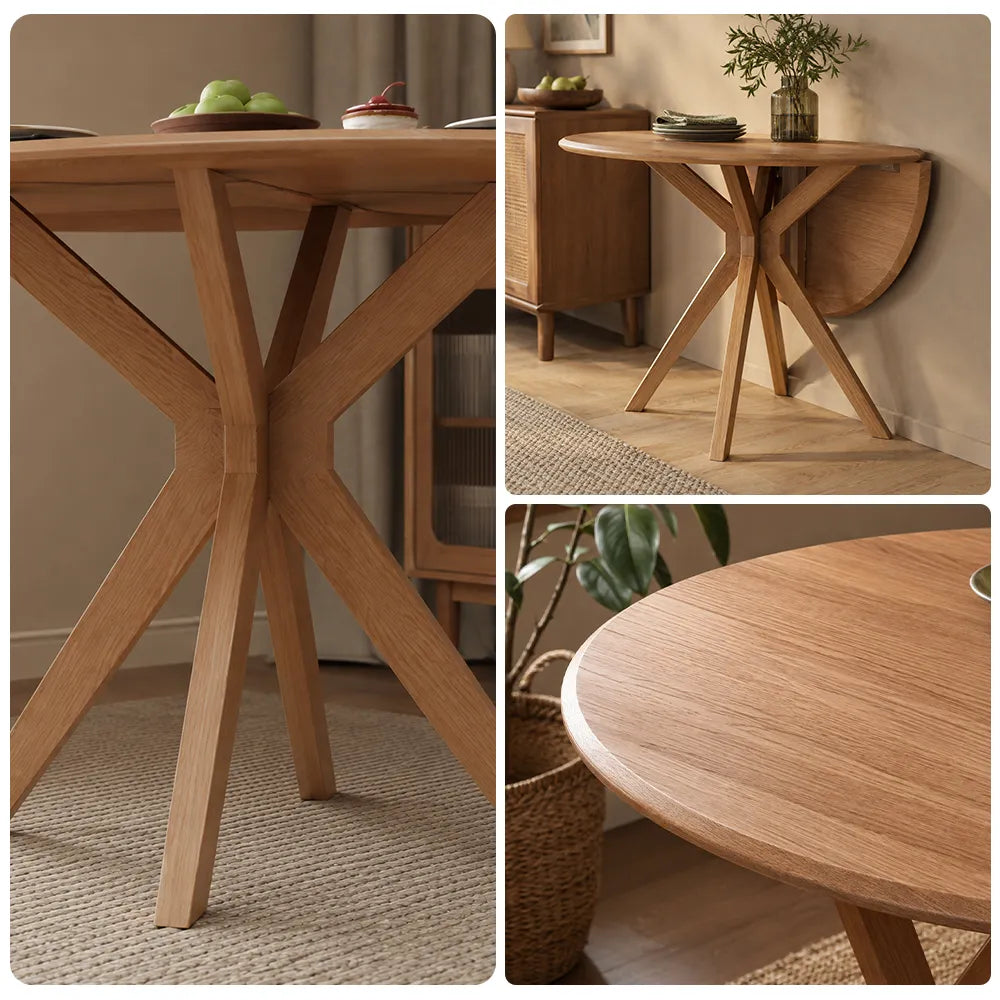 LIVARA 120cm Folding Round Dining Table, Space-Saving Walnut Kitchen Table with Drop-Leaf Top and Cross-Shaped Wooden Pedestal Base - Wood