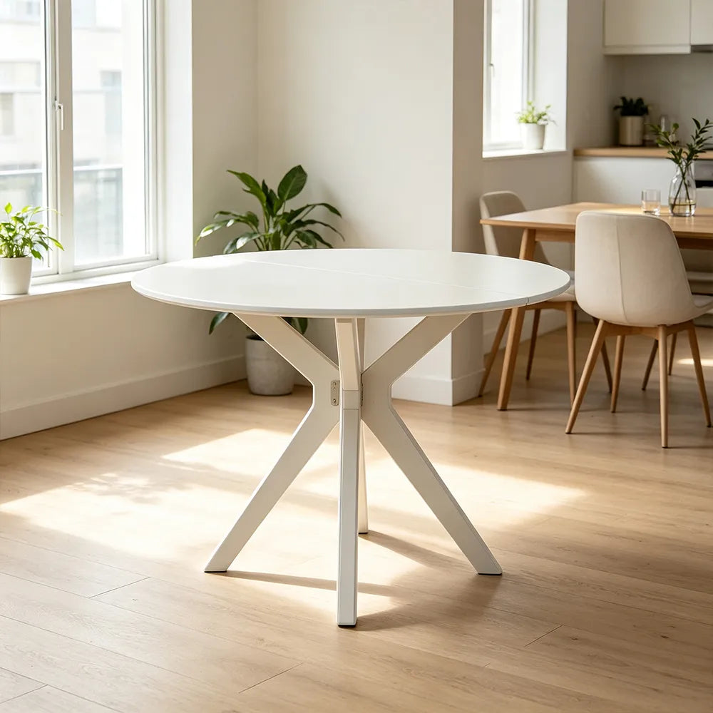 LIVARA 120cm Folding Round Dining Table, Space-Saving Walnut Kitchen Table with Drop-Leaf Top and Cross-Shaped Wooden Pedestal Base - White