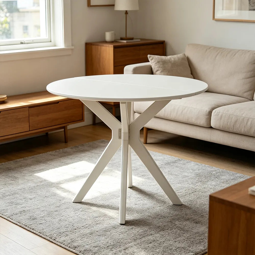 LIVARA 120cm Folding Round Dining Table, Space-Saving Walnut Kitchen Table with Drop-Leaf Top and Cross-Shaped Wooden Pedestal Base - White