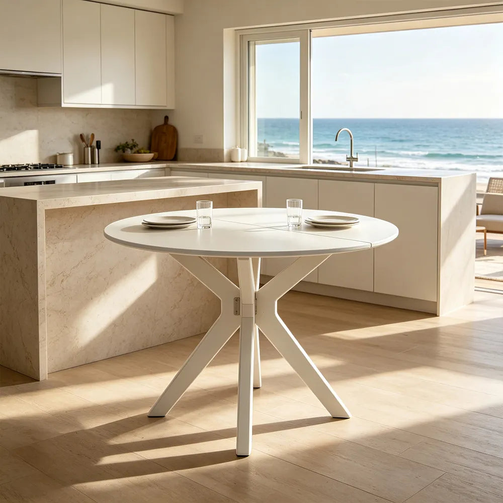LIVARA 120cm Folding Round Dining Table, Space-Saving Walnut Kitchen Table with Drop-Leaf Top and Cross-Shaped Wooden Pedestal Base - White