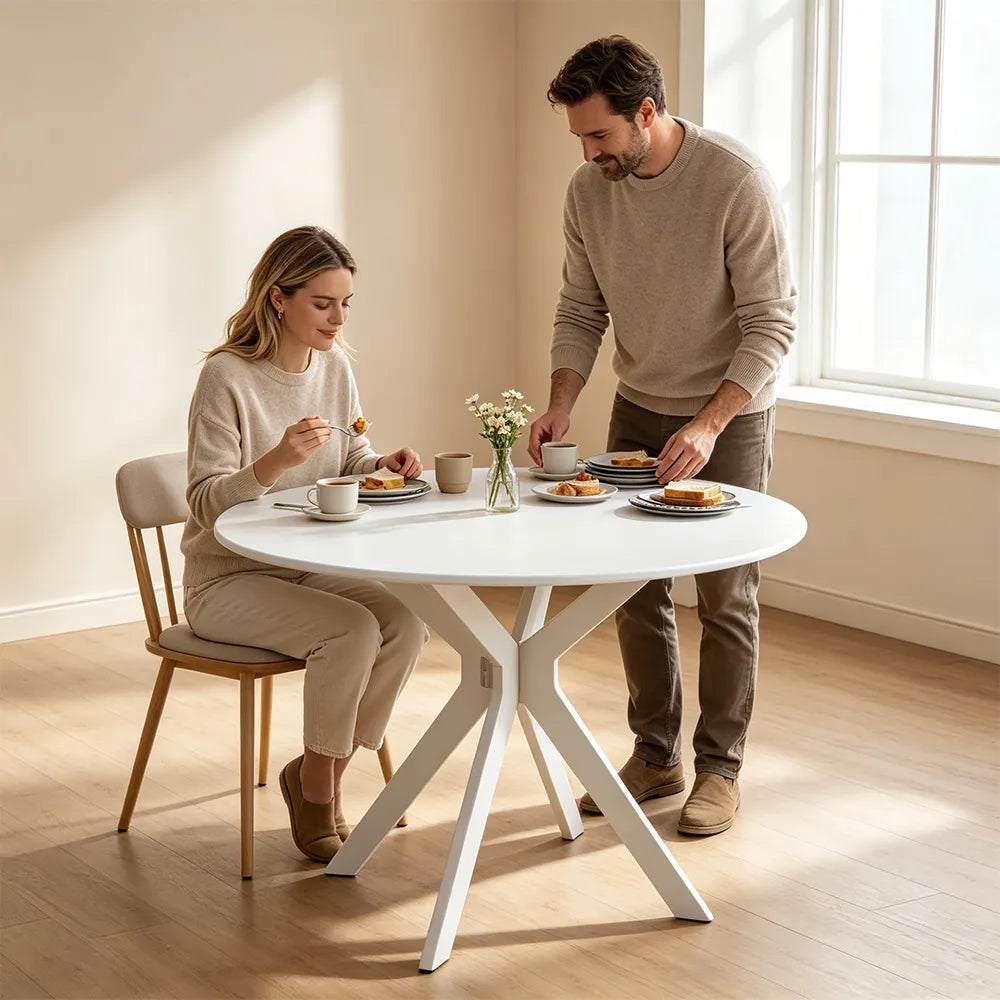 LIVARA 120cm Folding Round Dining Table, Space-Saving Walnut Kitchen Table with Drop-Leaf Top and Cross-Shaped Wooden Pedestal Base - White