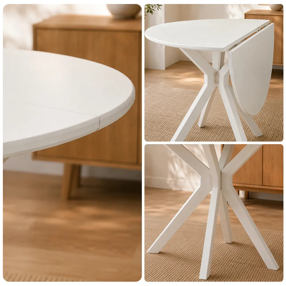 LIVARA 120cm Folding Round Dining Table, Space-Saving Walnut Kitchen Table with Drop-Leaf Top and Cross-Shaped Wooden Pedestal Base - White