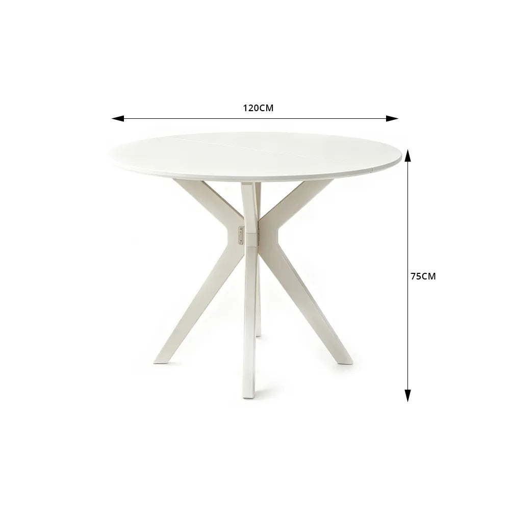 LIVARA 120cm Folding Round Dining Table, Space-Saving Walnut Kitchen Table with Drop-Leaf Top and Cross-Shaped Wooden Pedestal Base - White