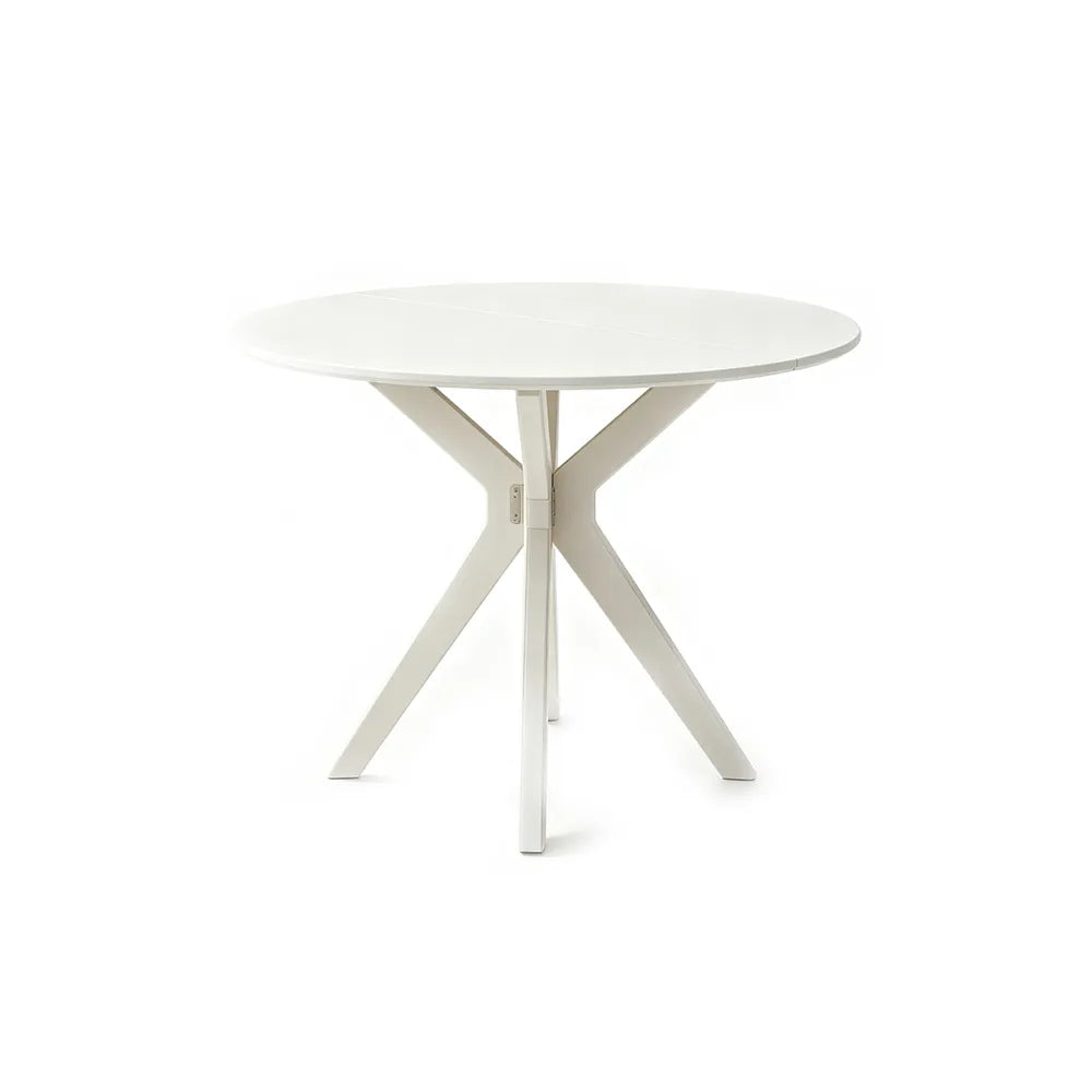LIVARA 120cm Folding Round Dining Table, Space-Saving Walnut Kitchen Table with Drop-Leaf Top and Cross-Shaped Wooden Pedestal Base - White