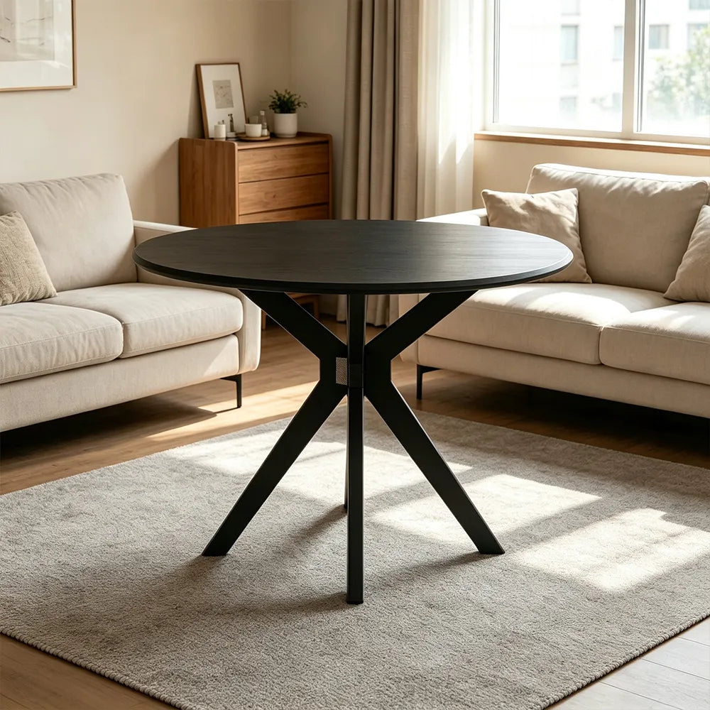 LIVARA 120cm Folding Round Dining Table, Space-Saving Walnut Kitchen Table with Drop-Leaf Top and Cross-Shaped Wooden Pedestal Base - Black