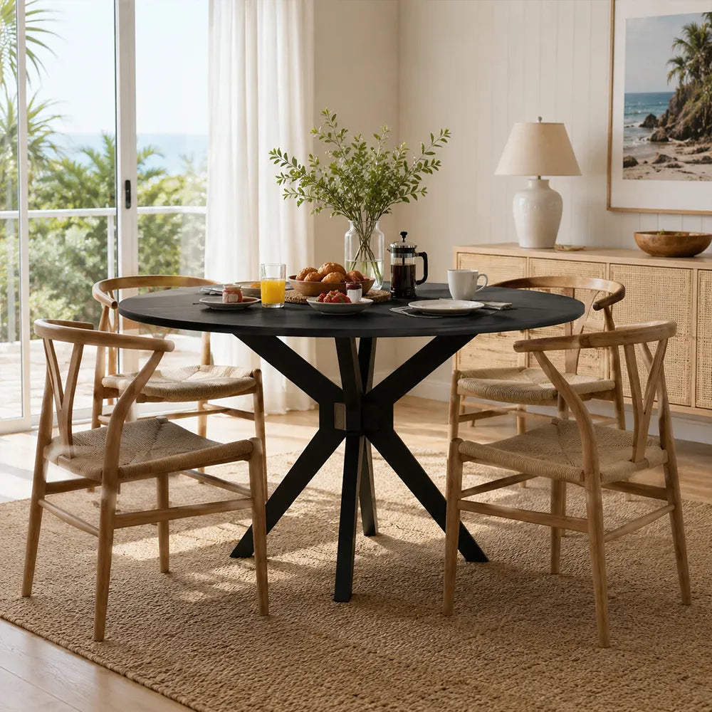 LIVARA 120cm Folding Round Dining Table, Space-Saving Walnut Kitchen Table with Drop-Leaf Top and Cross-Shaped Wooden Pedestal Base - Black