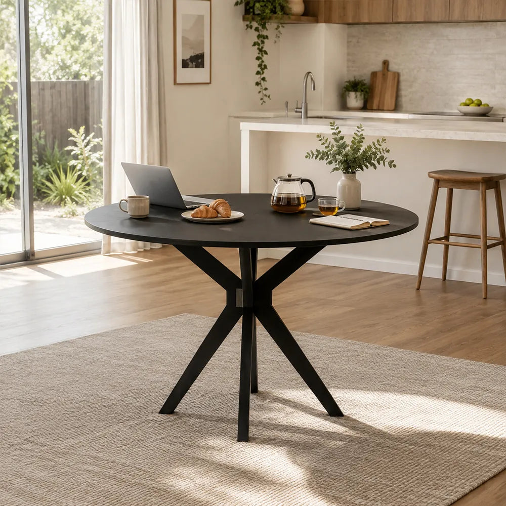 LIVARA 120cm Folding Round Dining Table, Space-Saving Walnut Kitchen Table with Drop-Leaf Top and Cross-Shaped Wooden Pedestal Base - Black
