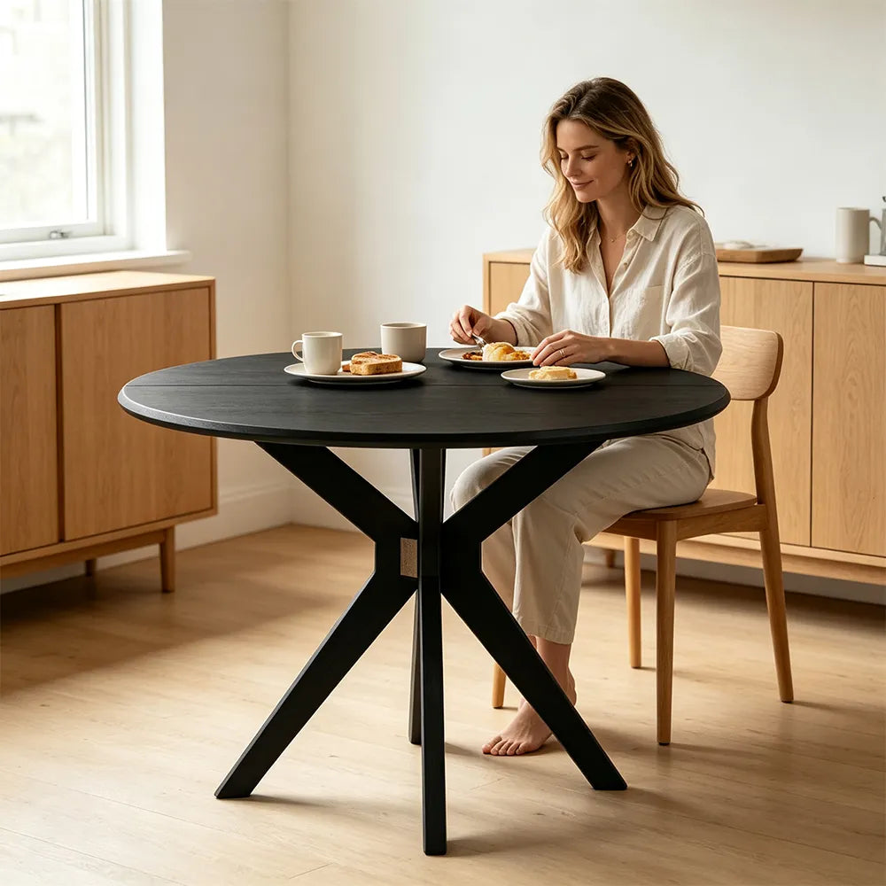 LIVARA 120cm Folding Round Dining Table, Space-Saving Walnut Kitchen Table with Drop-Leaf Top and Cross-Shaped Wooden Pedestal Base - Black
