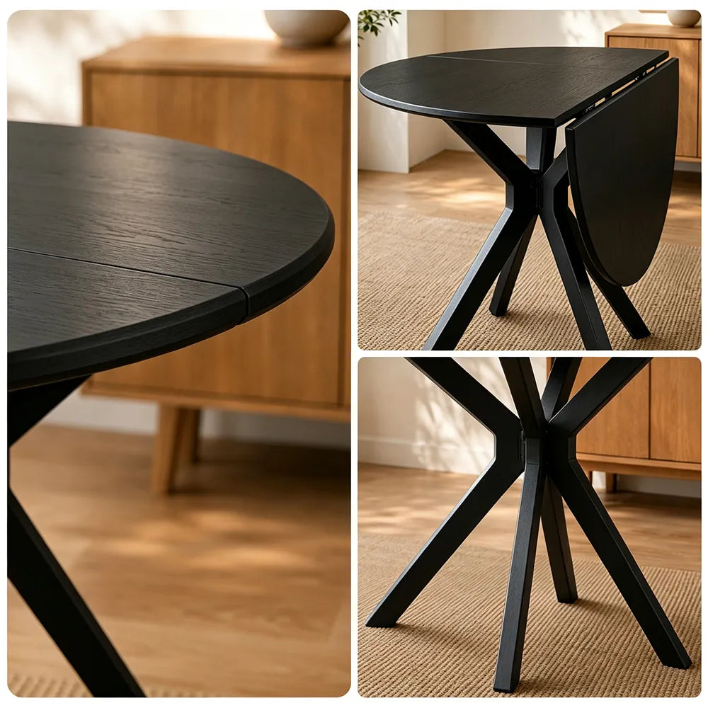 LIVARA 120cm Folding Round Dining Table, Space-Saving Walnut Kitchen Table with Drop-Leaf Top and Cross-Shaped Wooden Pedestal Base - Black