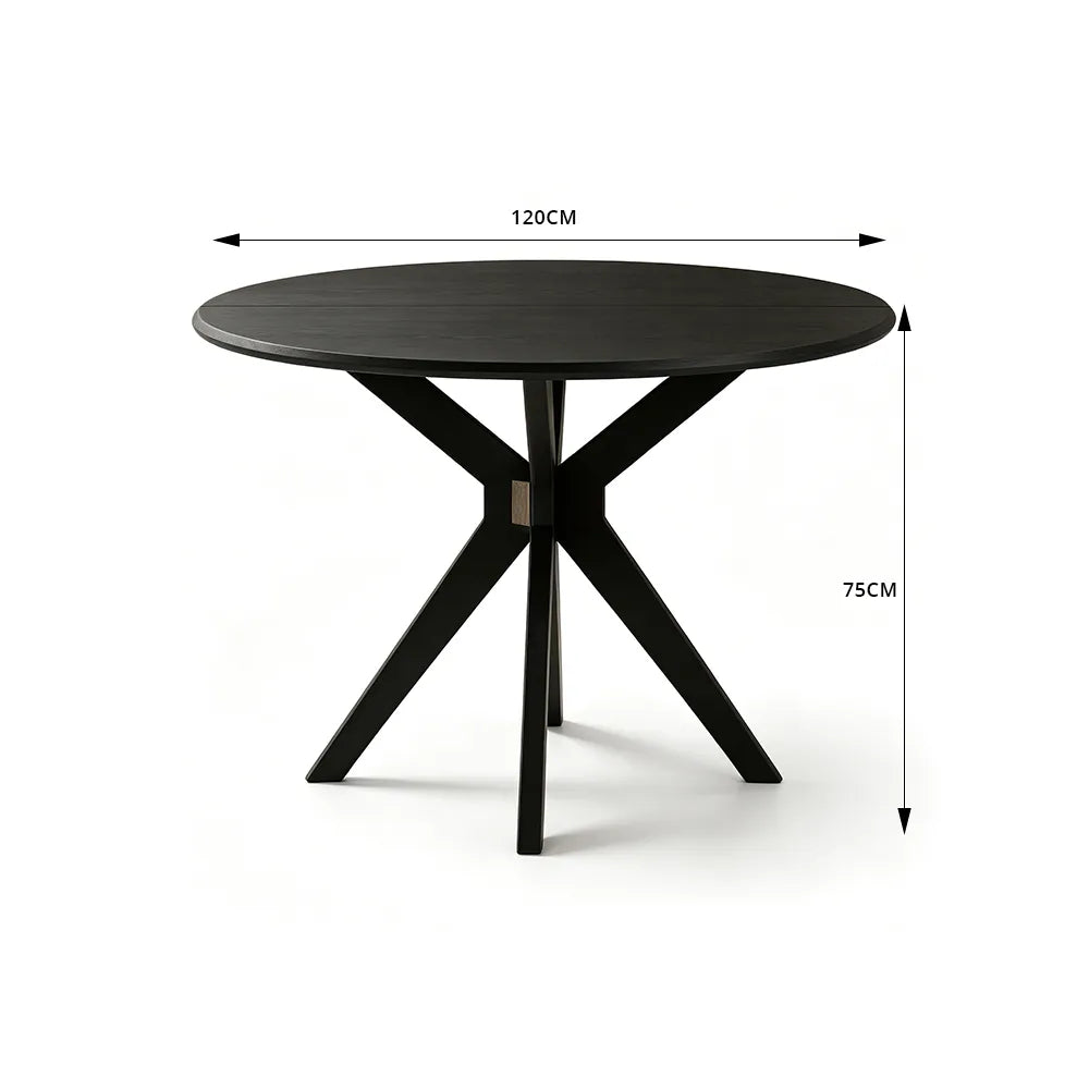 LIVARA 120cm Folding Round Dining Table, Space-Saving Walnut Kitchen Table with Drop-Leaf Top and Cross-Shaped Wooden Pedestal Base - Black