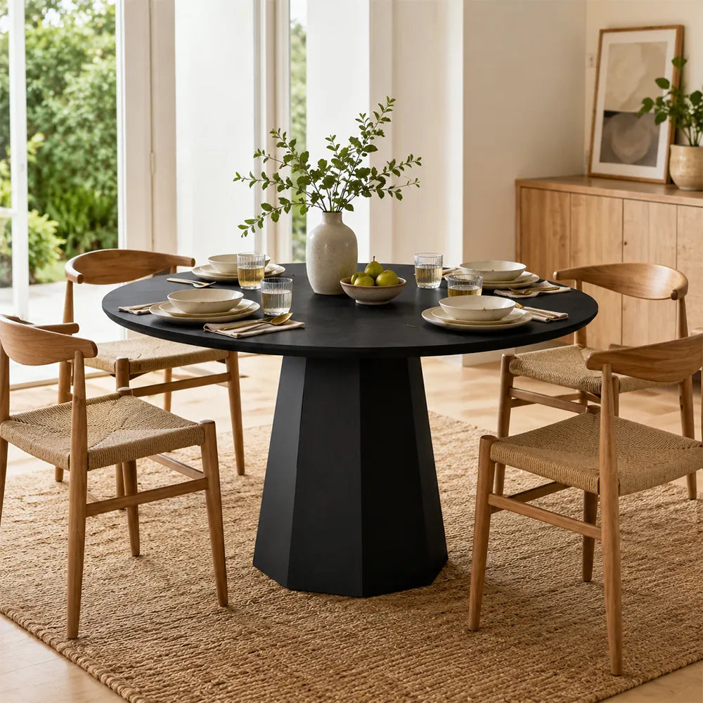 LIVARA Modern Round Solid Wood Dining Table Thickened Wood Grain Top Sculptural Pedestal Base Minimalist Style 120/130cm for Dining Room Kitchen - Black
