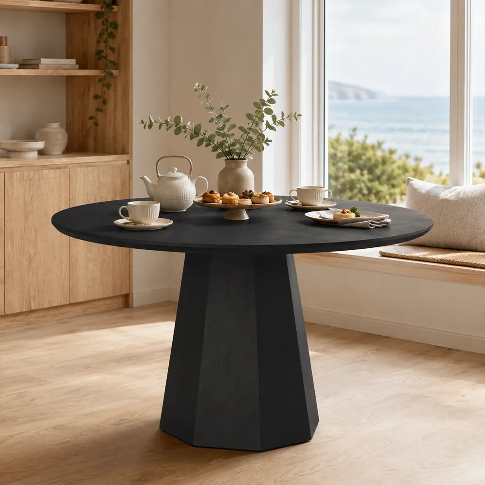 LIVARA Modern Round Solid Wood Dining Table Thickened Wood Grain Top Sculptural Pedestal Base Minimalist Style 120/130cm for Dining Room Kitchen - Black