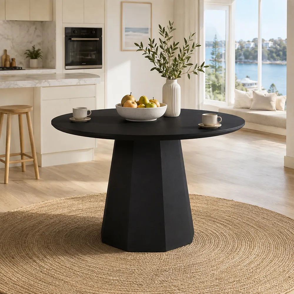 LIVARA Modern Round Solid Wood Dining Table Thickened Wood Grain Top Sculptural Pedestal Base Minimalist Style 120/130cm for Dining Room Kitchen - Black