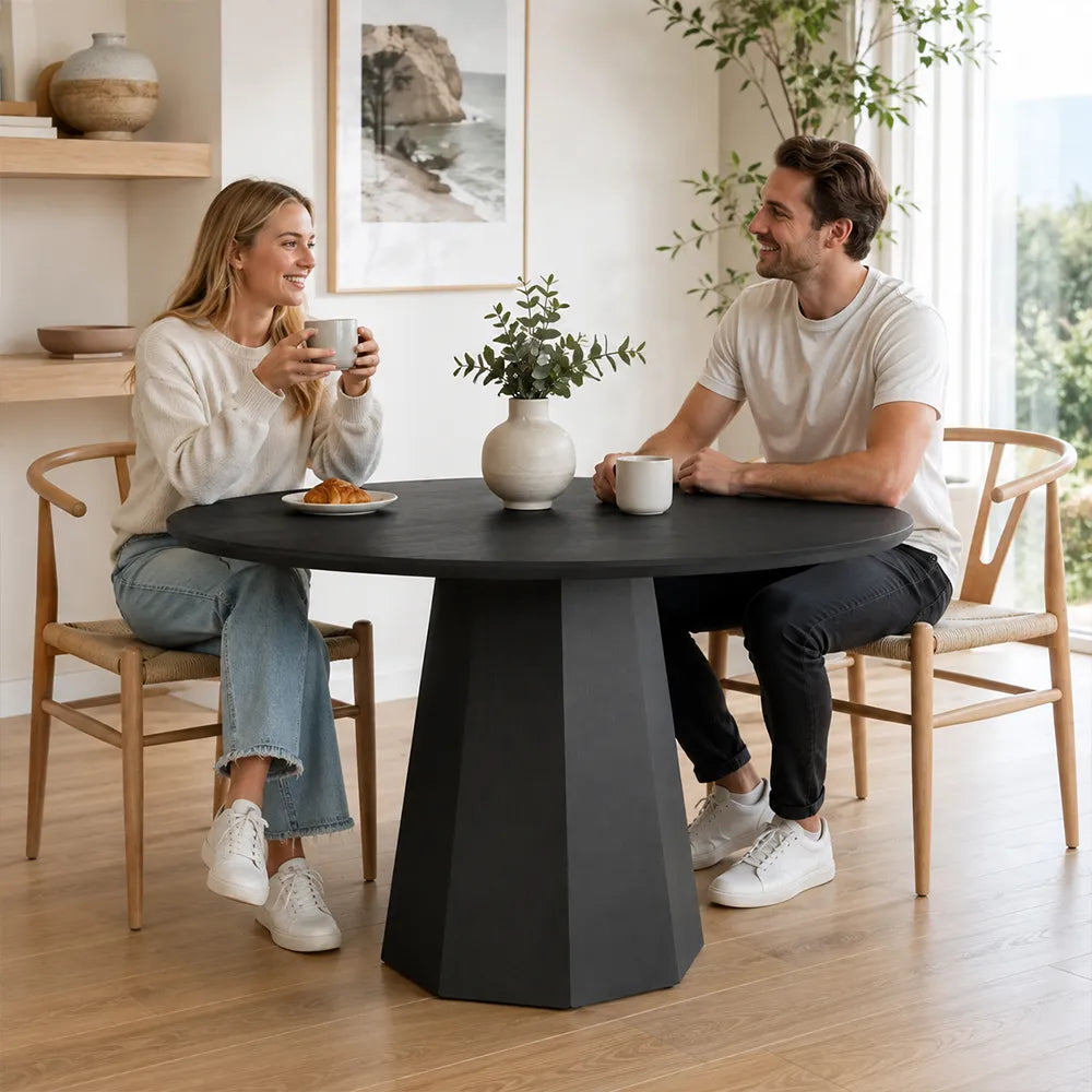 LIVARA Modern Round Solid Wood Dining Table Thickened Wood Grain Top Sculptural Pedestal Base Minimalist Style 120/130cm for Dining Room Kitchen - Black