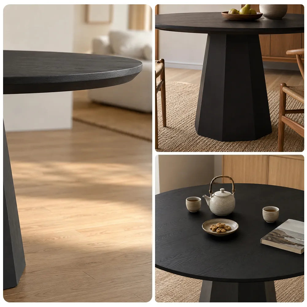 LIVARA Modern Round Solid Wood Dining Table Thickened Wood Grain Top Sculptural Pedestal Base Minimalist Style 120/130cm for Dining Room Kitchen - Black