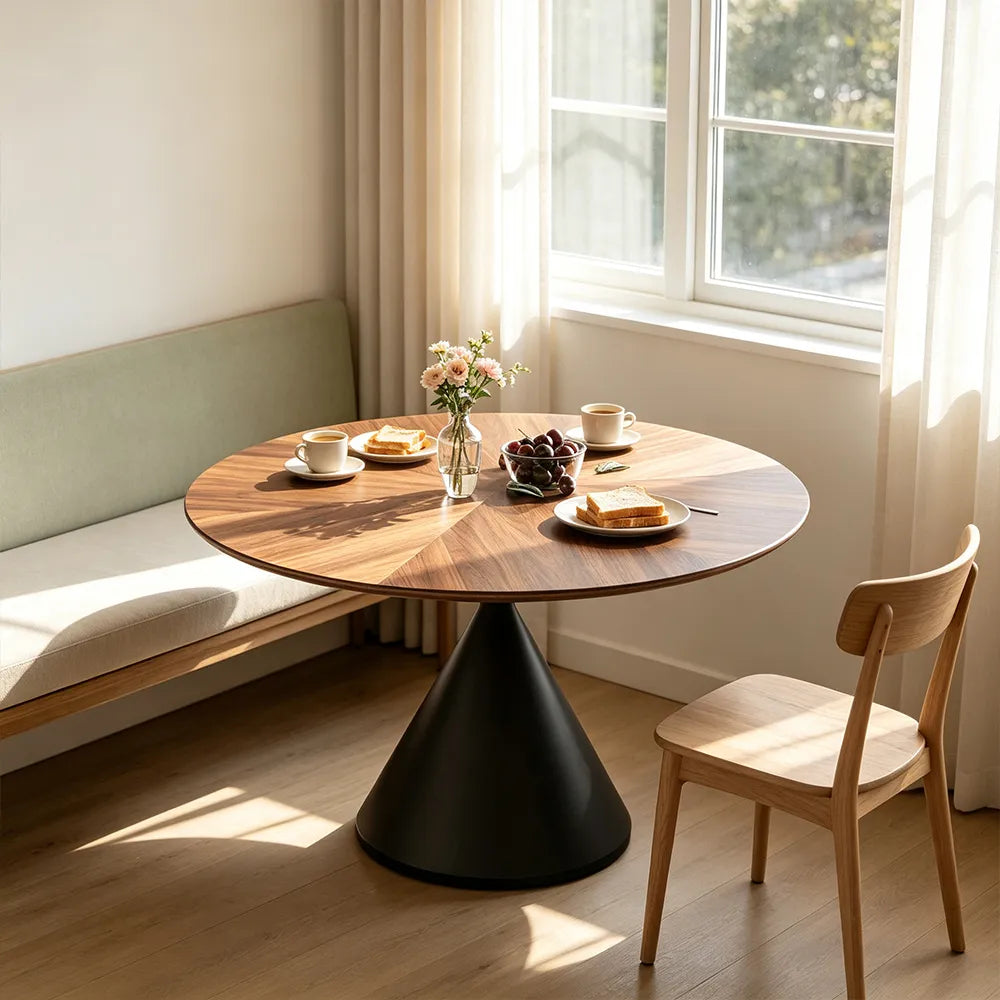 LIVARA Modern Solid Wood Hourglass Dining Table Round Wood Top Sculptural Cone Pedestal Base 120/130cm - Walnut Black