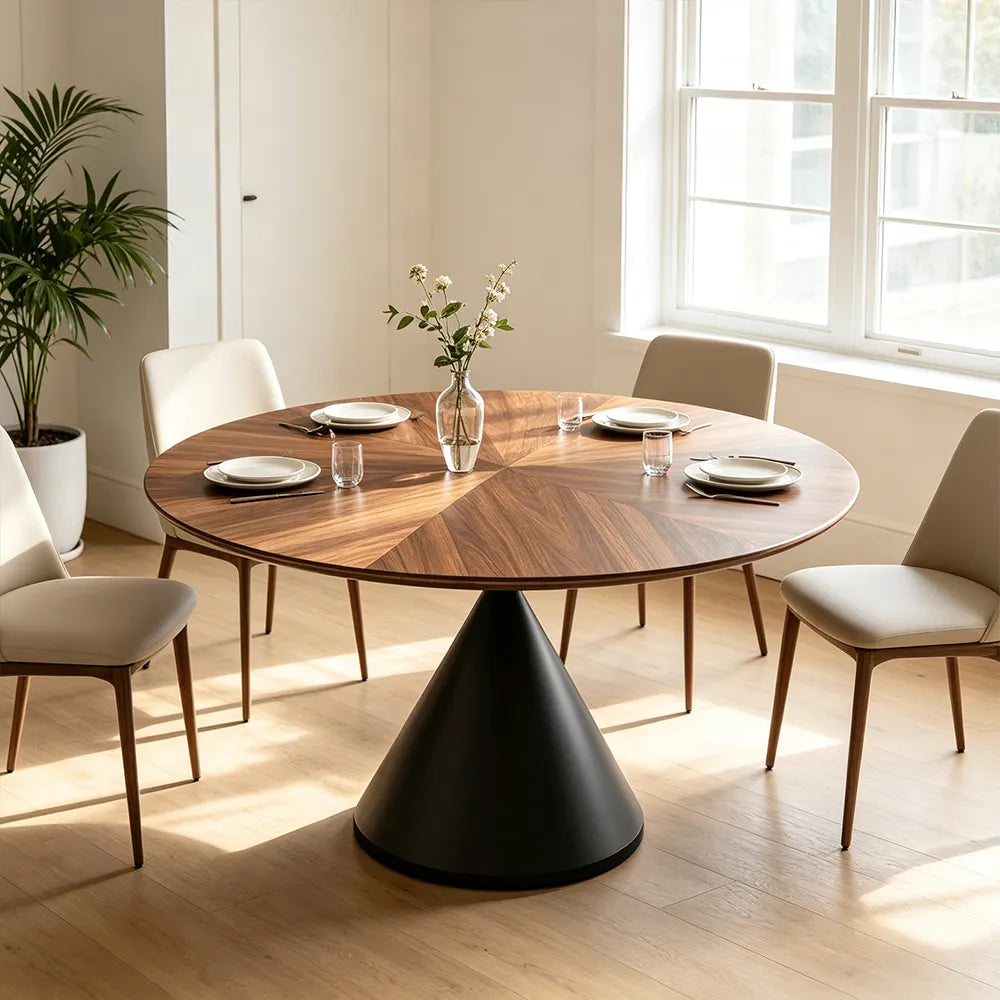 LIVARA Modern Solid Wood Hourglass Dining Table Round Wood Top Sculptural Cone Pedestal Base 120/130cm - Walnut Black