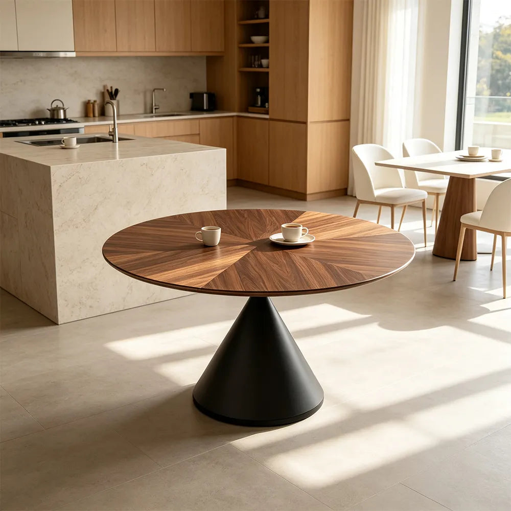 LIVARA Modern Solid Wood Hourglass Dining Table Round Wood Top Sculptural Cone Pedestal Base 120/130cm - Walnut Black