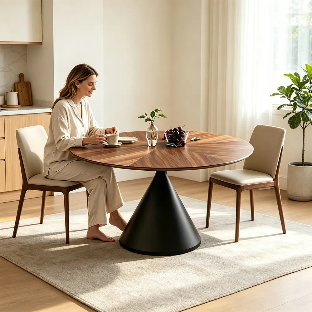 LIVARA Modern Solid Wood Hourglass Dining Table Round Wood Top Sculptural Cone Pedestal Base 120/130cm - Walnut Black