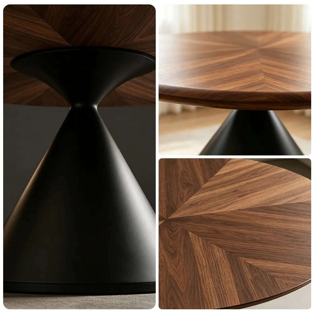 LIVARA Modern Solid Wood Hourglass Dining Table Round Wood Top Sculptural Cone Pedestal Base 120/130cm - Walnut Black