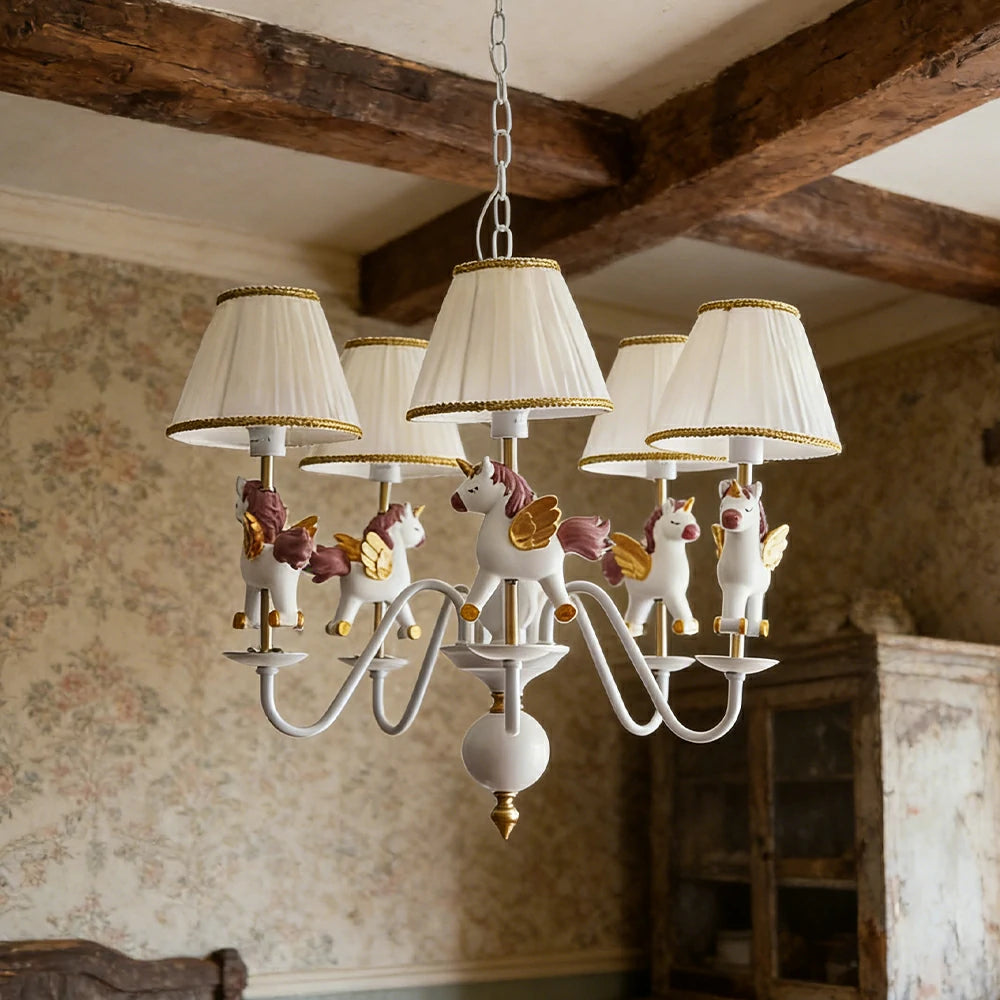 LIVARA Vintage Chandelier Unicorn Design LED Bulb Included Fabric Shade Elegant Style for Bedroom Dining Living Room