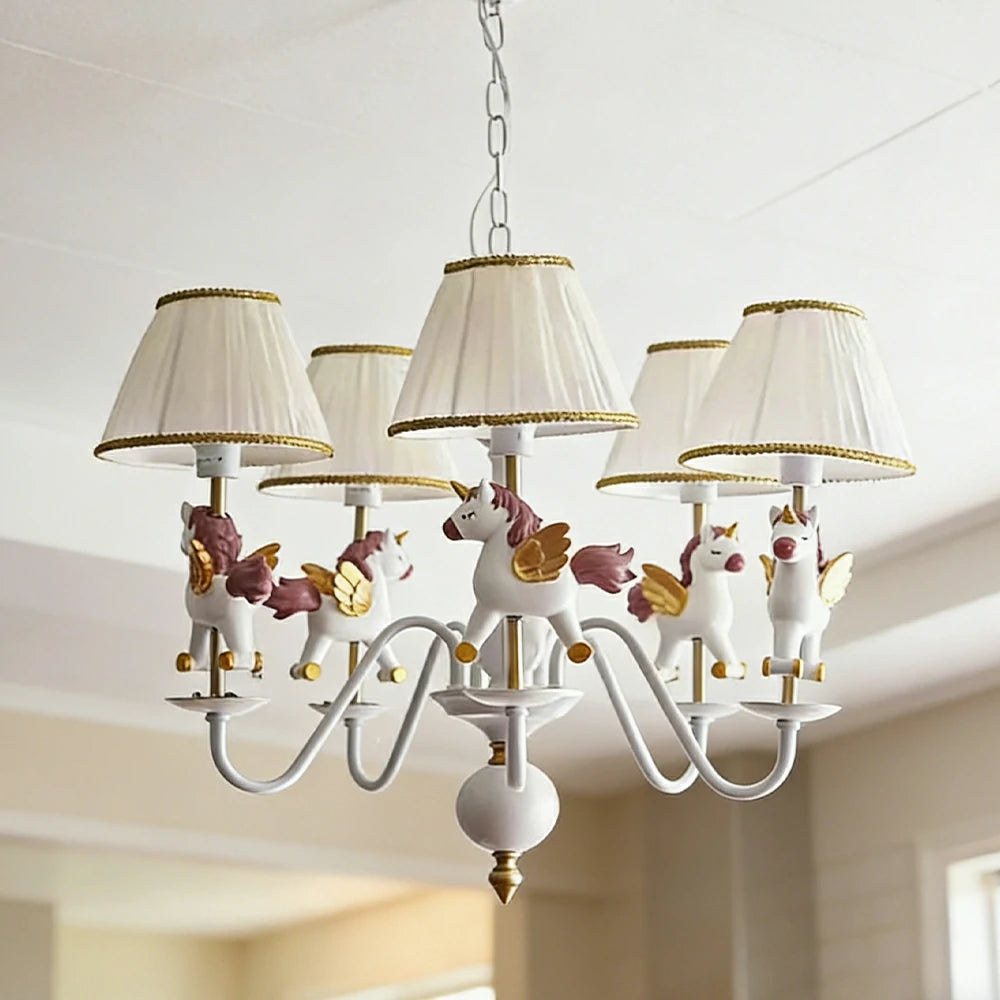 LIVARA Vintage Chandelier Unicorn Design LED Bulb Included Fabric Shade Elegant Style for Bedroom Dining Living Room