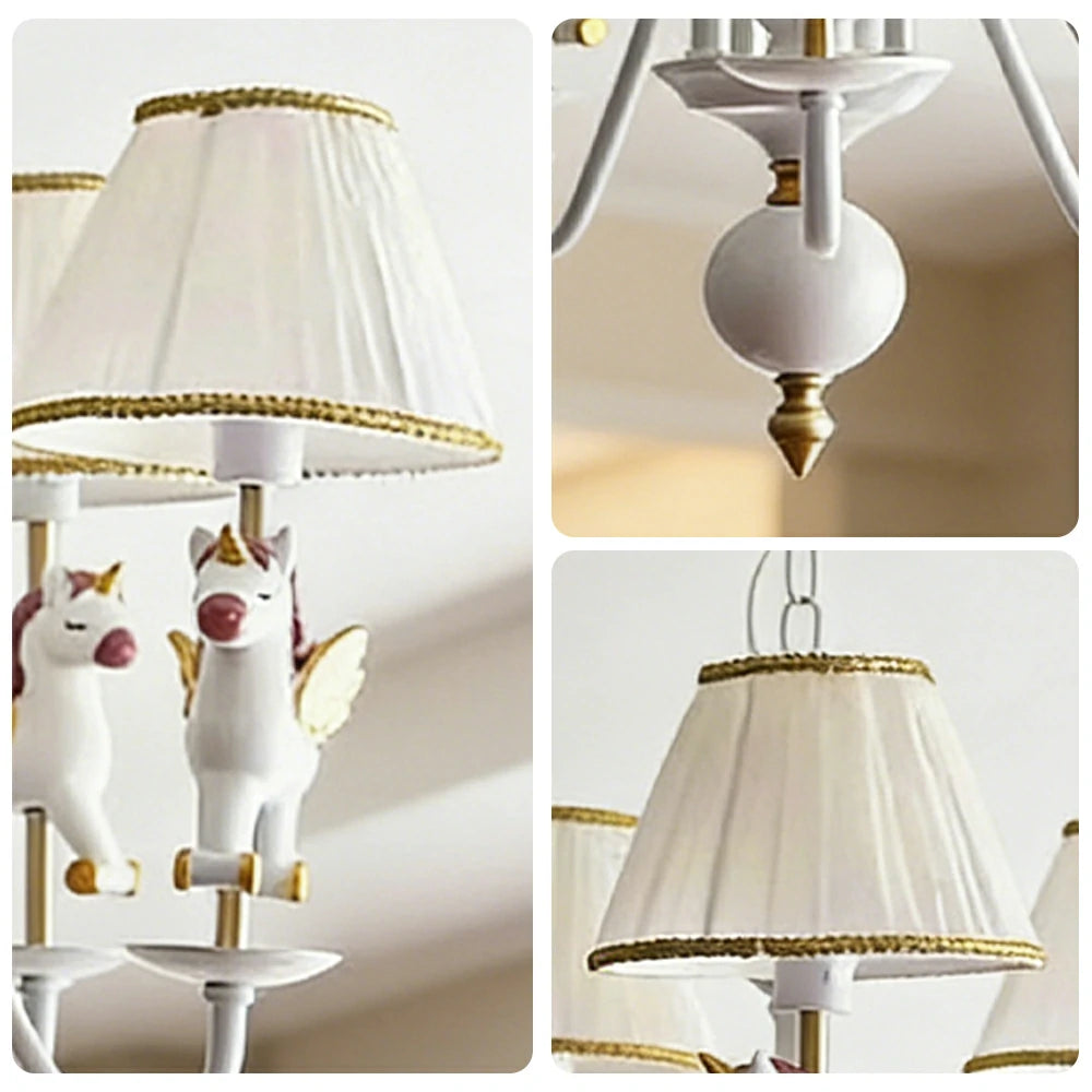 LIVARA Vintage Chandelier Unicorn Design LED Bulb Included Fabric Shade Elegant Style for Bedroom Dining Living Room
