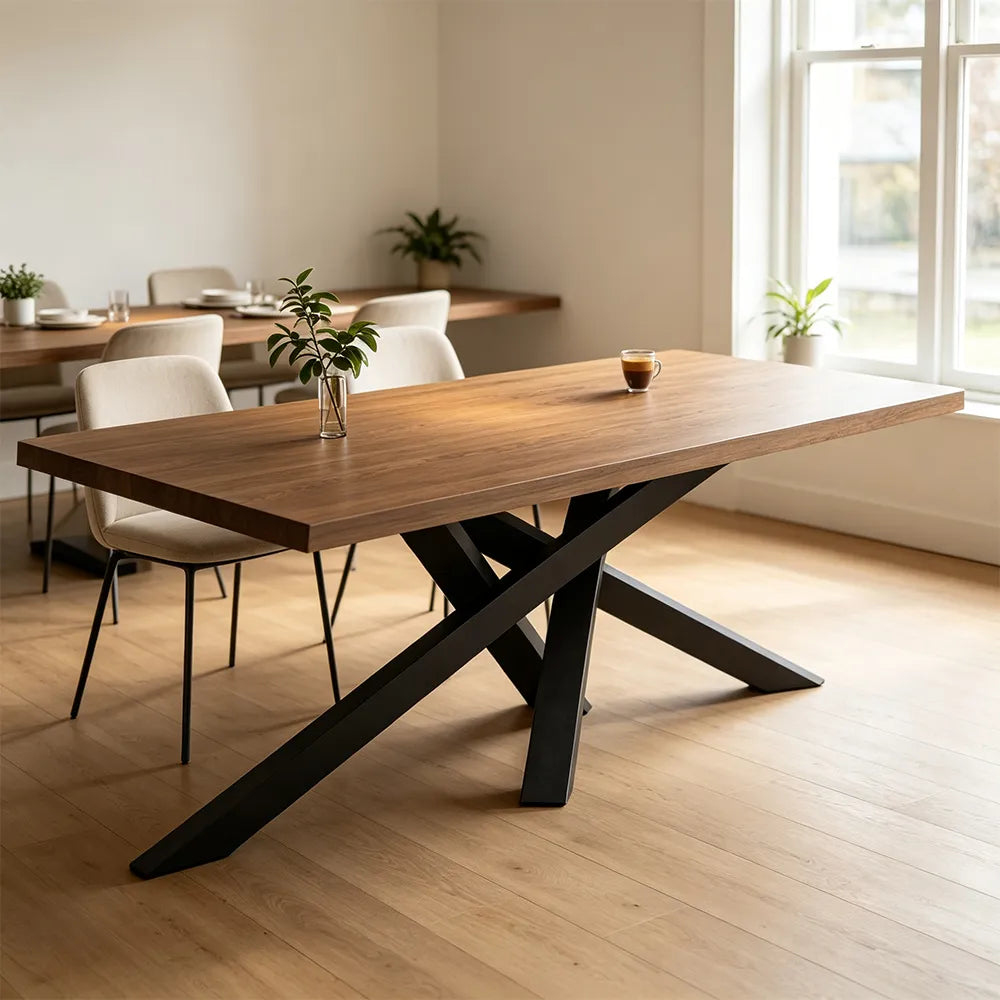 LIVARA Modern Rectangular Solid Wood Dining Table Thick Top Crossed Metal Legs 160x70x75cm for Dining Room Office - Walnut & Black