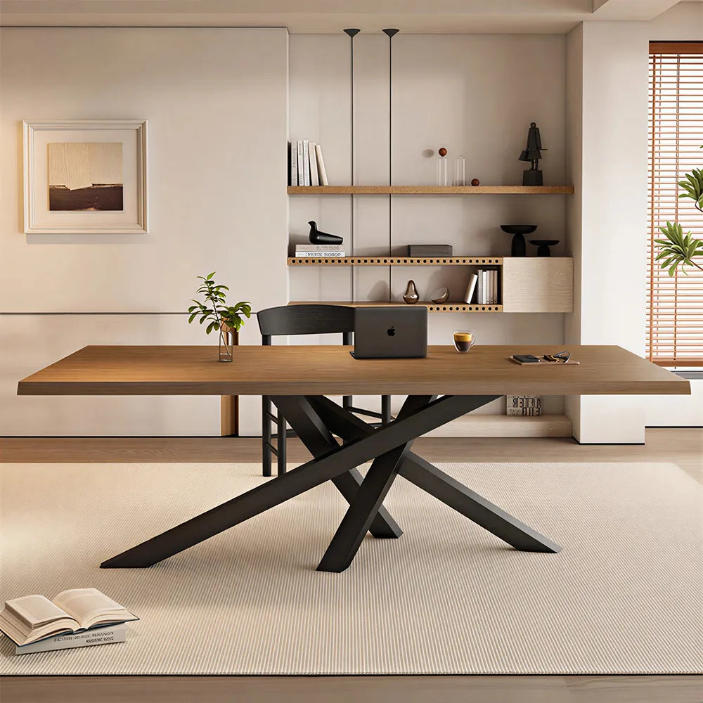 LIVARA Modern Rectangular Solid Wood Dining Table Thick Top Crossed Metal Legs 160x70x75cm for Dining Room Office - Walnut & Black