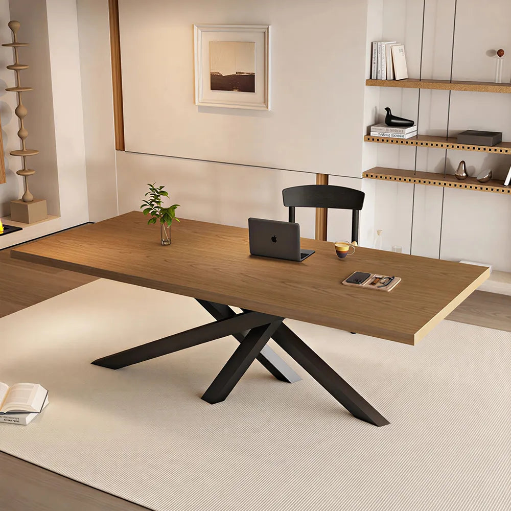 LIVARA Modern Rectangular Solid Wood Dining Table Thick Top Crossed Metal Legs 160x70x75cm for Dining Room Office - Walnut & Black