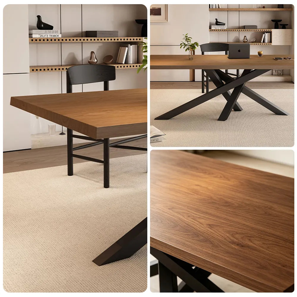LIVARA Modern Rectangular Solid Wood Dining Table Thick Top Crossed Metal Legs 160x70x75cm for Dining Room Office - Walnut & Black
