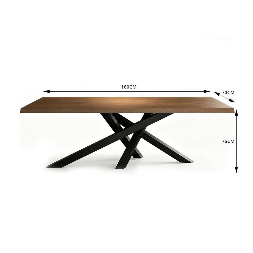 LIVARA Modern Rectangular Solid Wood Dining Table Thick Top Crossed Metal Legs 160x70x75cm for Dining Room Office - Walnut & Black