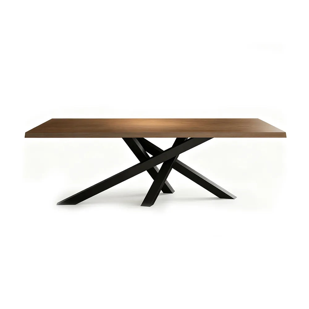LIVARA Modern Rectangular Solid Wood Dining Table Thick Top Crossed Metal Legs 160x70x75cm for Dining Room Office - Walnut & Black