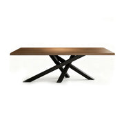 LIVARA Modern Rectangular Solid Wood Dining Table Thick Top Crossed Metal Legs 160x70x75cm for Dining Room Office - Walnut & Black