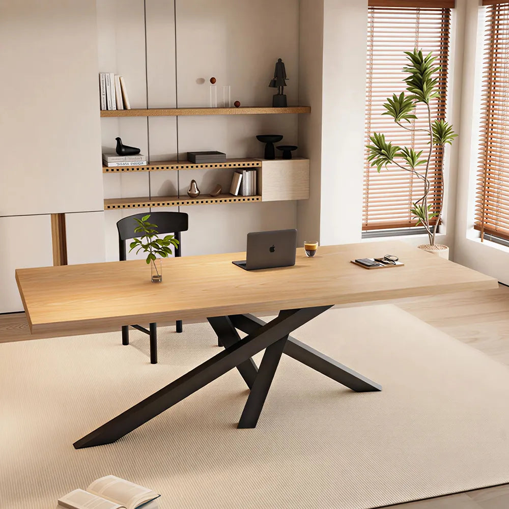 LIVARA Modern Rectangular Solid Wood Dining Table Thick Top Crossed Metal Legs 160x70x75cm for Dining Room Office - Wood & Black