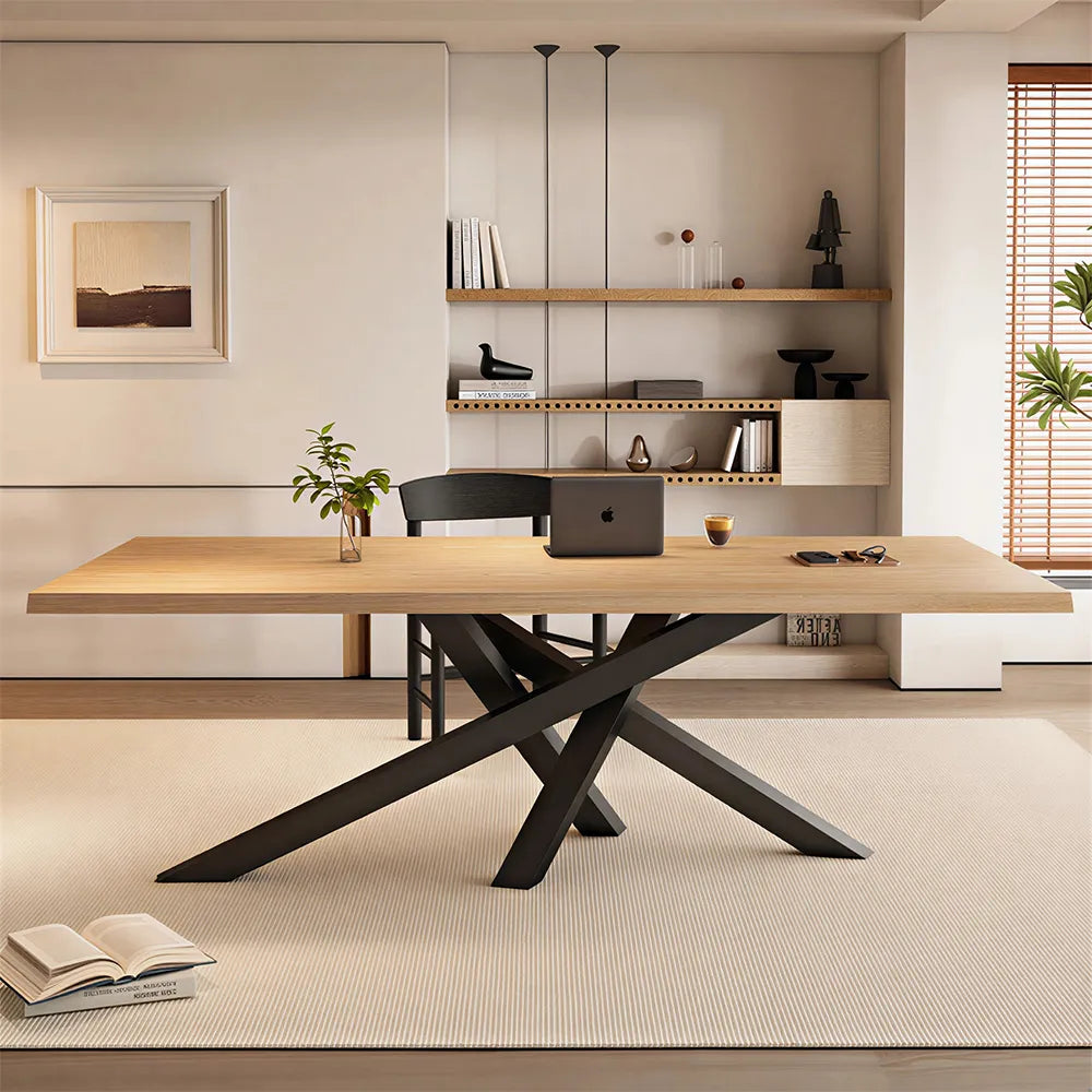 LIVARA Modern Rectangular Solid Wood Dining Table Thick Top Crossed Metal Legs 160x70x75cm for Dining Room Office - Wood & Black