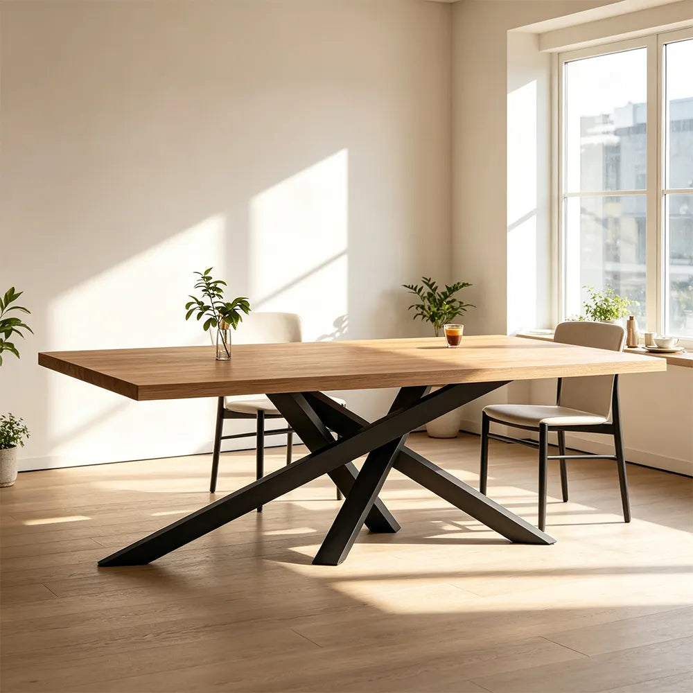 LIVARA Modern Rectangular Solid Wood Dining Table Thick Top Crossed Metal Legs 160x70x75cm for Dining Room Office - Wood & Black