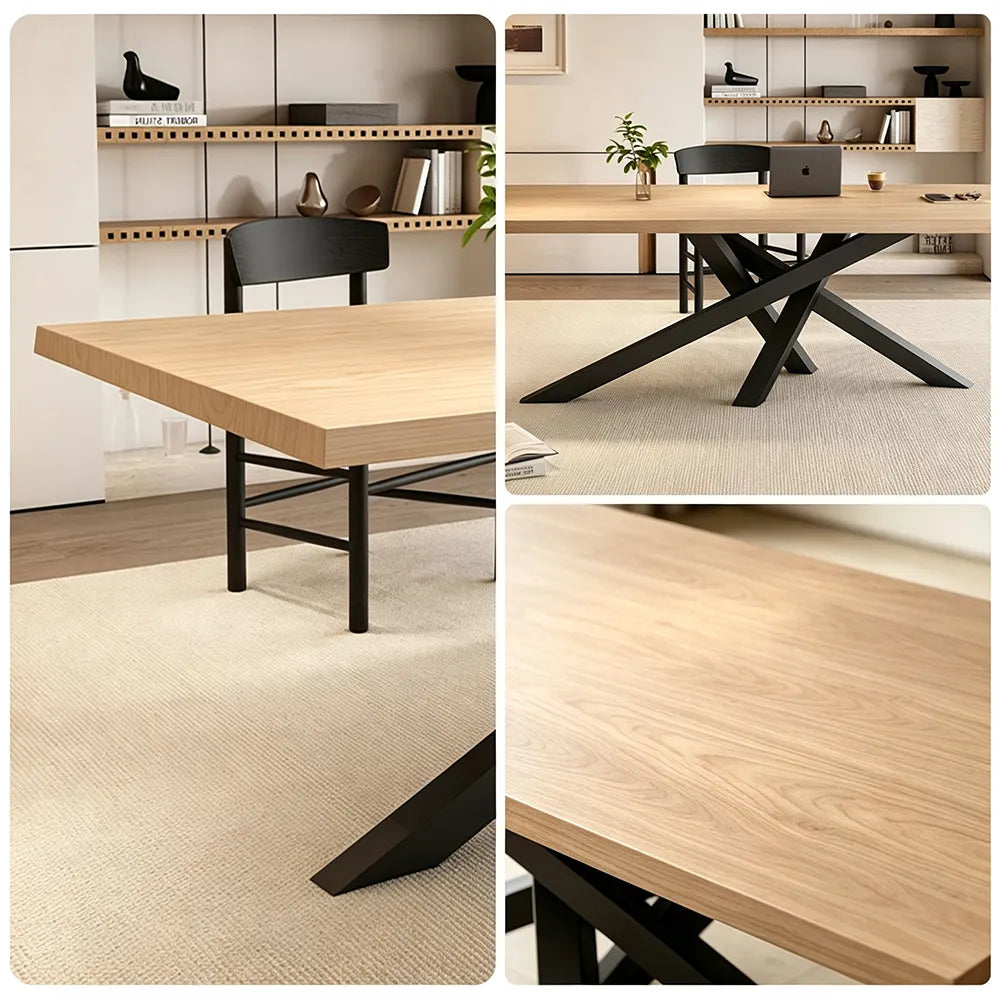 LIVARA Modern Rectangular Solid Wood Dining Table Thick Top Crossed Metal Legs 160x70x75cm for Dining Room Office - Wood & Black