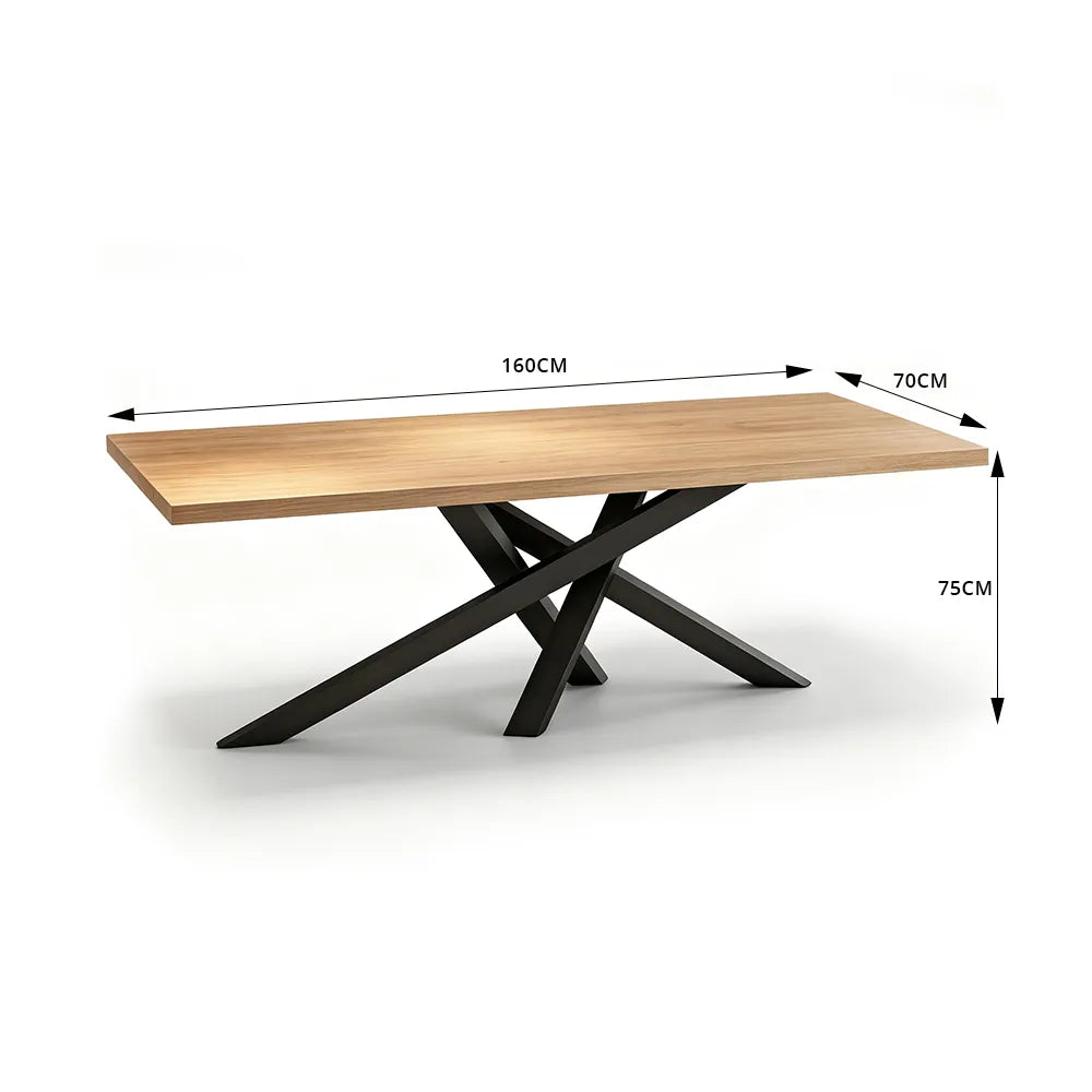 LIVARA Modern Rectangular Solid Wood Dining Table Thick Top Crossed Metal Legs 160x70x75cm for Dining Room Office - Wood & Black