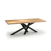 LIVARA Modern Rectangular Solid Wood Dining Table Thick Top Crossed Metal Legs 160x70x75cm for Dining Room Office - Wood & Black