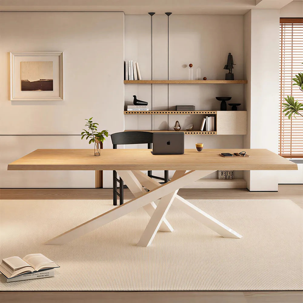 LIVARA Modern Rectangular Solid Wood Dining Table Thick Top Crossed Metal Legs 160x70x75cm for Dining Room Office - Wood & White