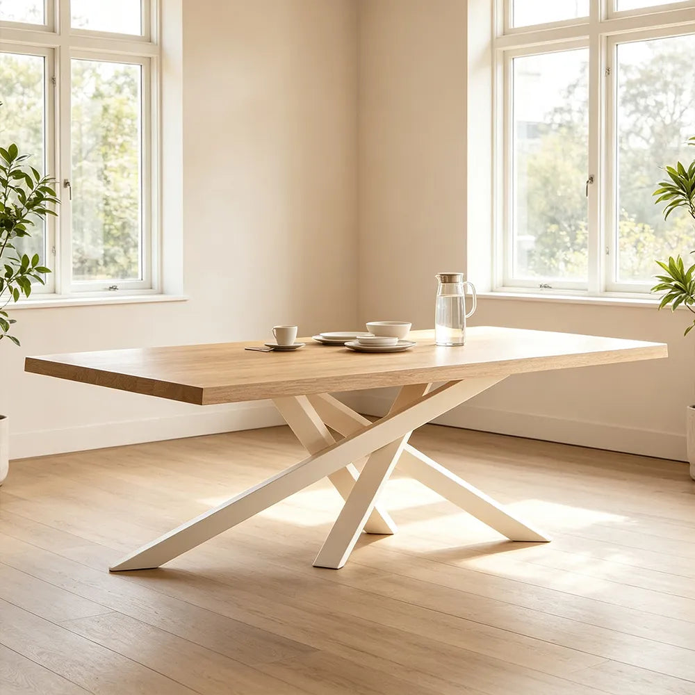 LIVARA Modern Rectangular Solid Wood Dining Table Thick Top Crossed Metal Legs 160x70x75cm for Dining Room Office - Wood & White